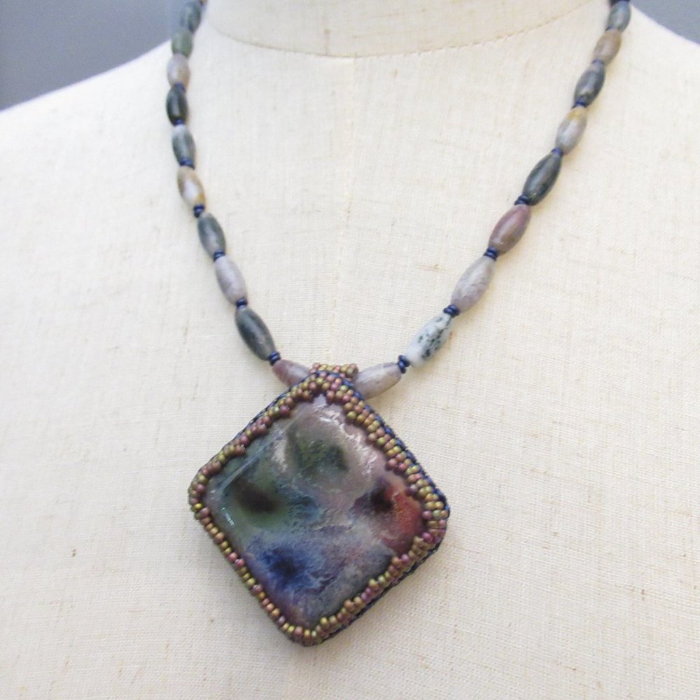 Artisan bead embroidered Cabochon necklace on Fancy Jasper